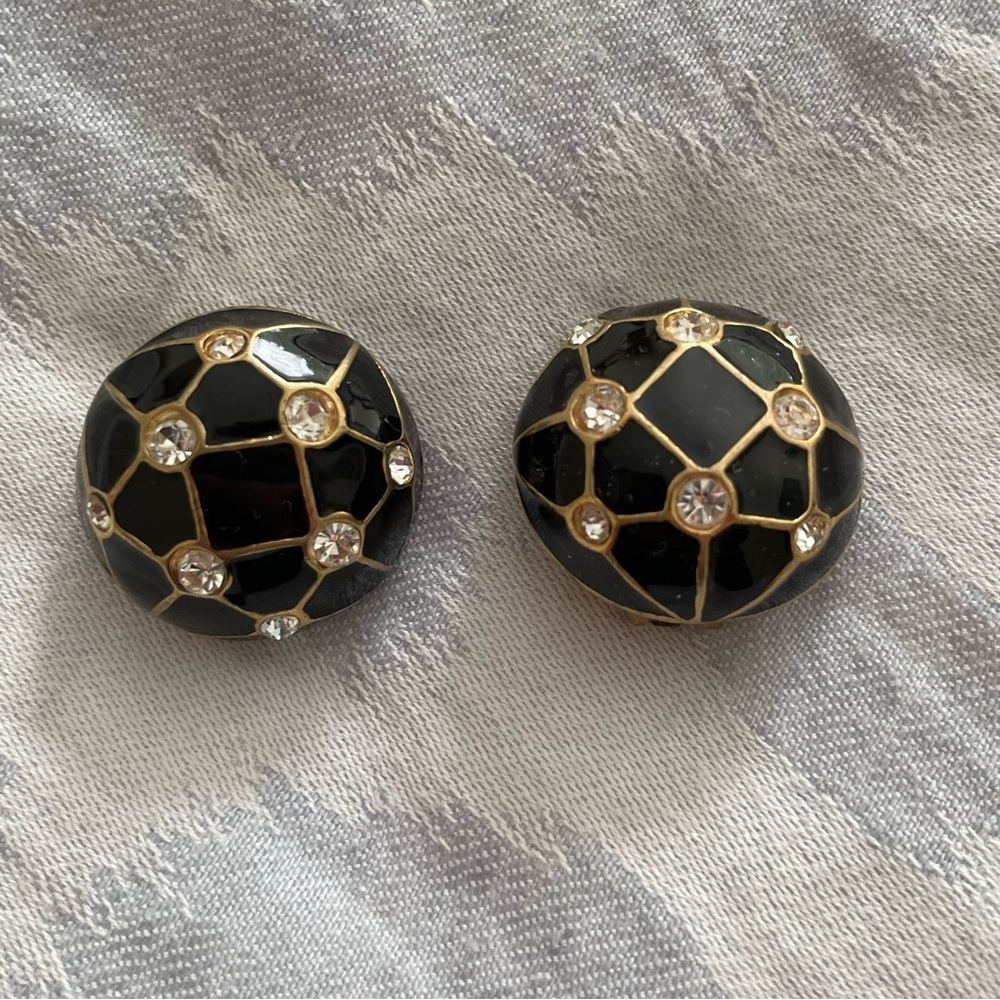 Vendome Vintage Clip on black enamel and crystal earrings VGUC - Picture 4 of 5